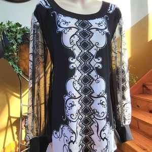 Sheer Sleeve Alfani Top Black White Flowy Dressy Sequin Neck Formal Blouse M